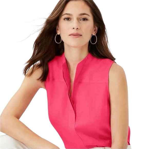 ANN TAYLOR Camp Shirt Pure Linen Sleeveless Rich Carmine Pink Women XL - Picture 3 of 10